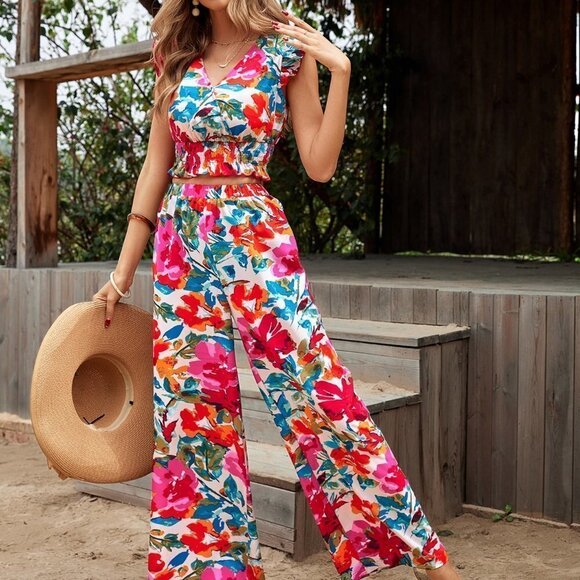 Multicolor Preppy Womens Floral Print Top & Wide Leg Pants - Picture 1 of 5